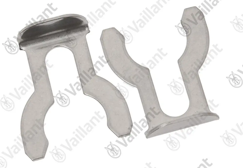 Vaillant Klammern aus Metall, zwei Stück, mit spezifischer Form zur Befestigung in Heizungs- oder Sanitäranlagen.